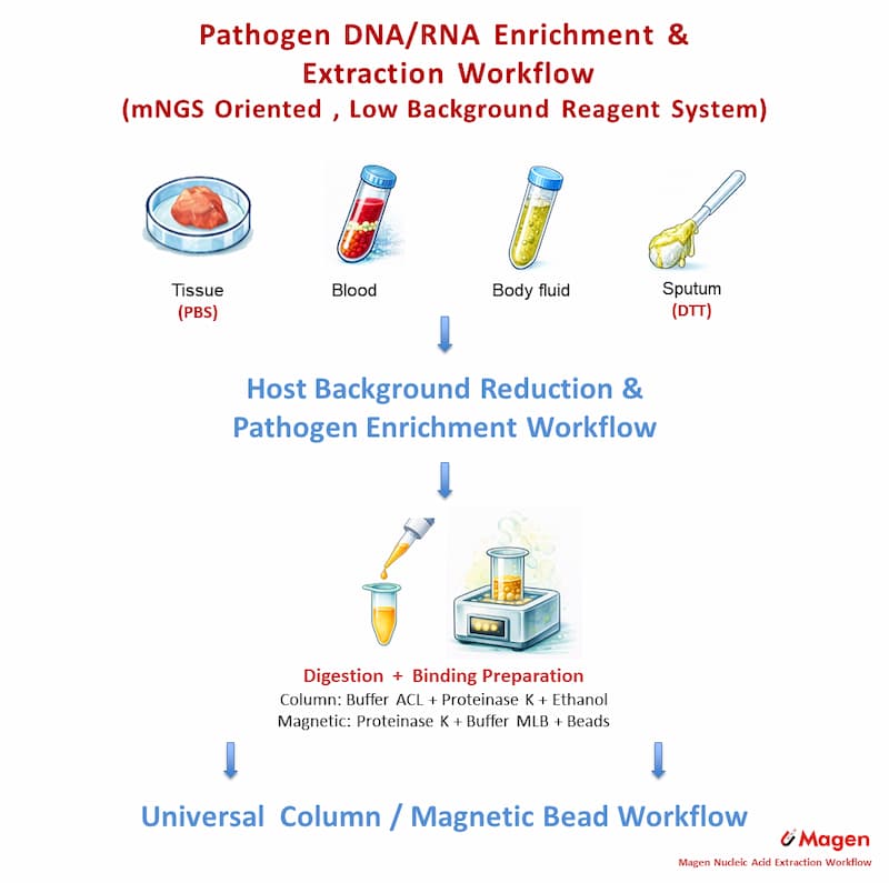 mNGS-oriented pathogen DNA/RNA enrichment and extraction workflow with host-background reduction before column or magnetic bead purification